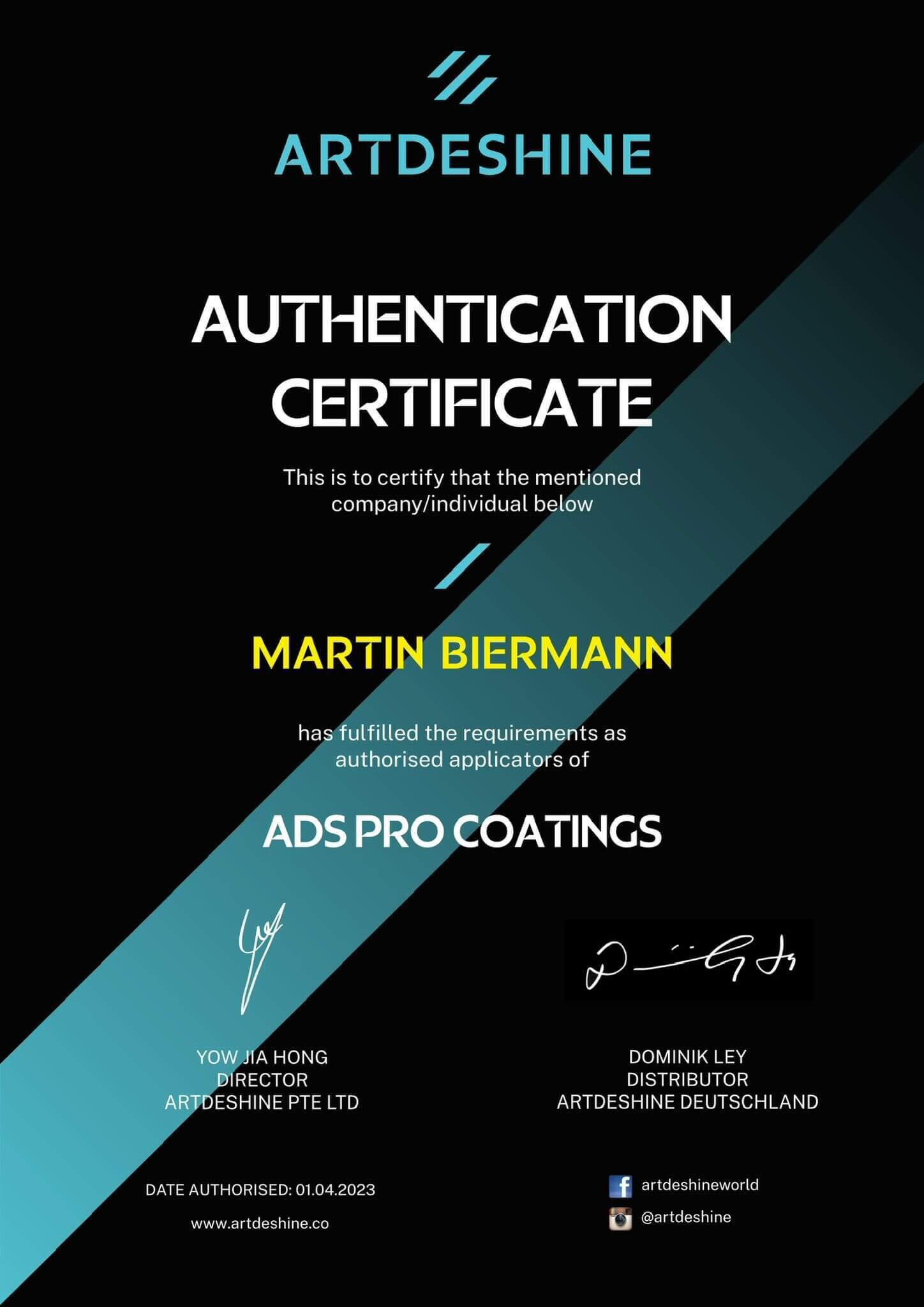Artdeshine Authentication Certificate - Martin Biermann - Biermann CarCare Moers Artdeshine Authentication Certificate - Martin Biermann - Biermann CarCare Moers